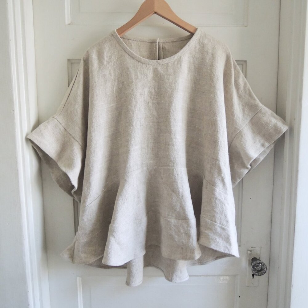 Natural Linen Peplum Back Ruffle Dolman Lagenlook Tunic XL/1X